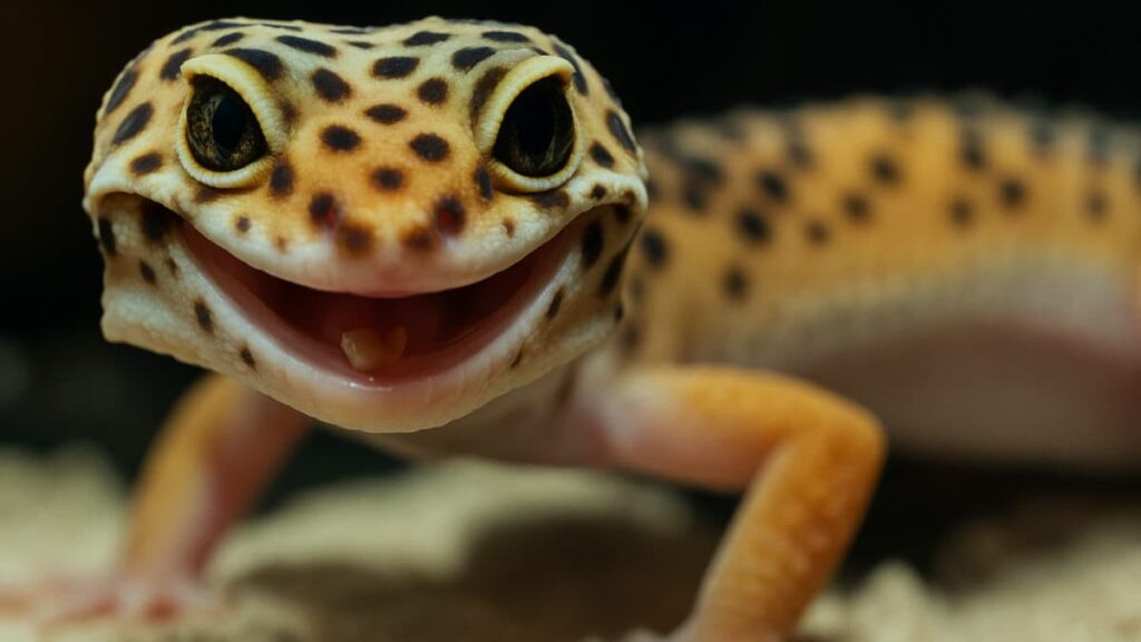 Leopard gecko smiling enjoying the right size tank for him